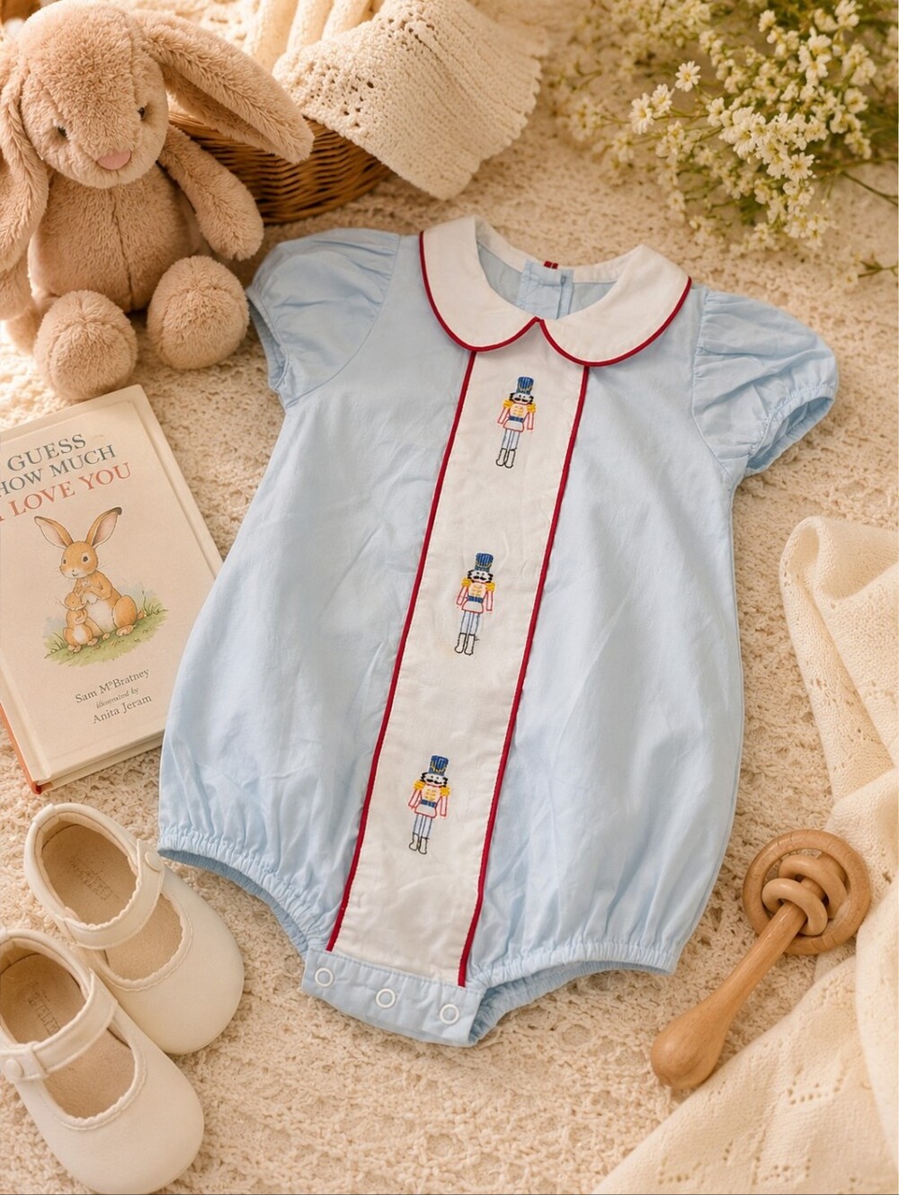 Boutique Baby Bubble Romper 12-18M Blue Nutcracker Smocked Jon Jon